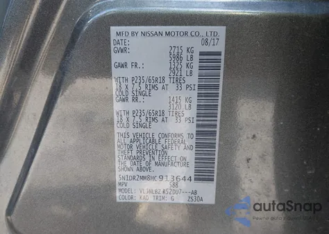 2017 Nissan Pathfinder S из США, поврежденный, VIN 5N1DR2MM8HC913644